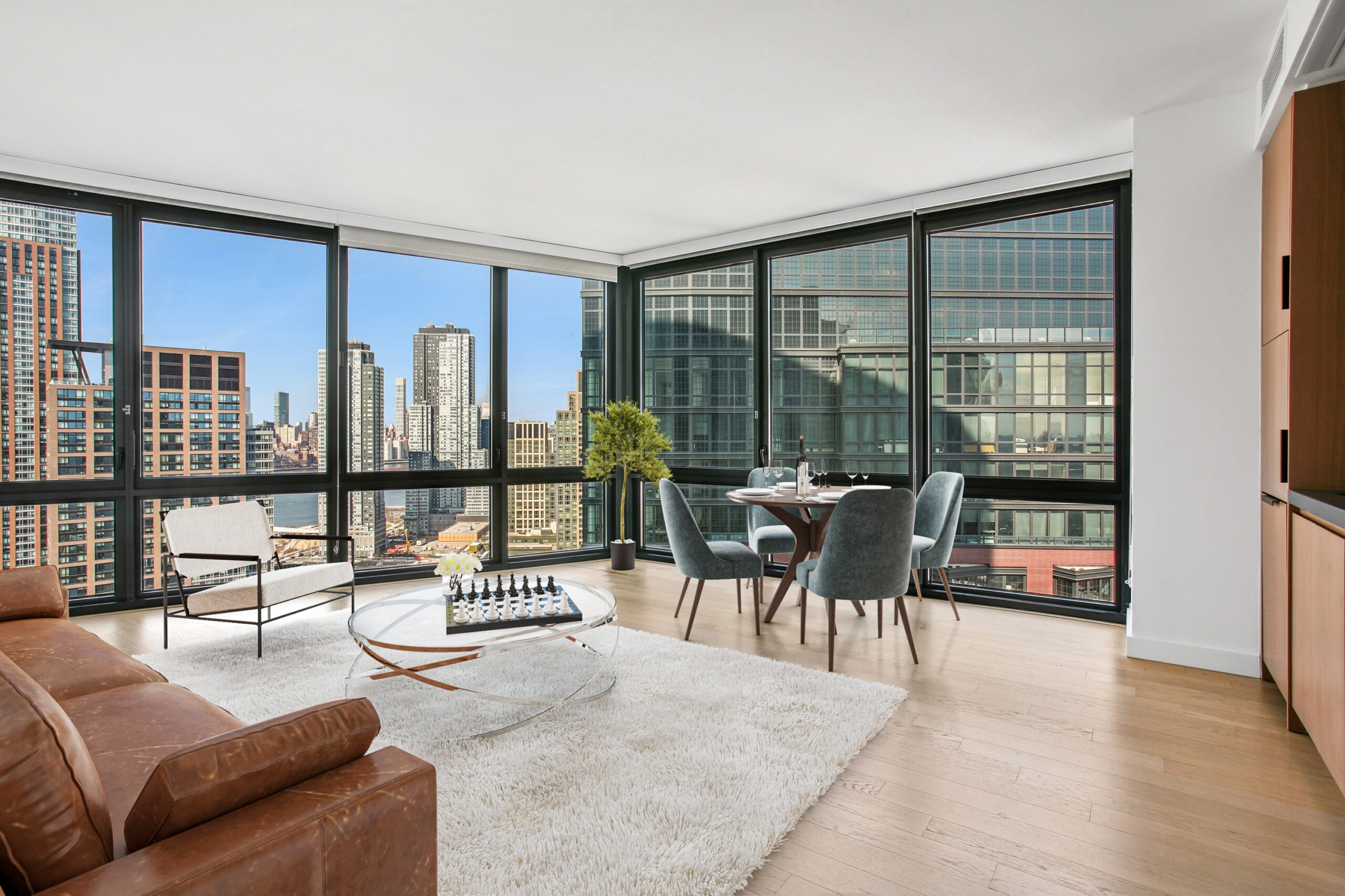 Spacious and modern apartment with city views from floor-to-ceiling windows