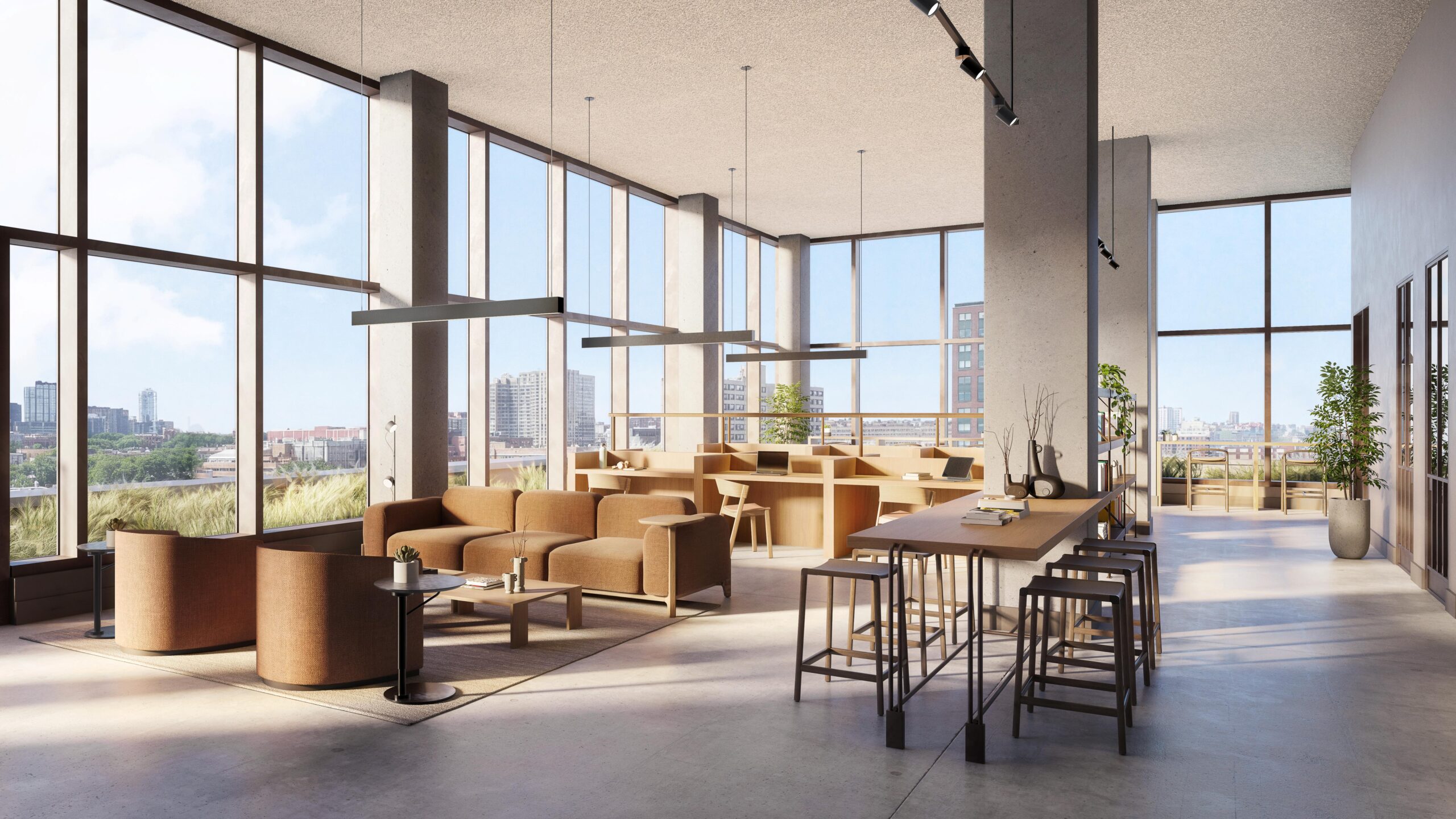 Coworking lounge featuring focused cubicle-style seating, communal conference tables, and private phone booths.