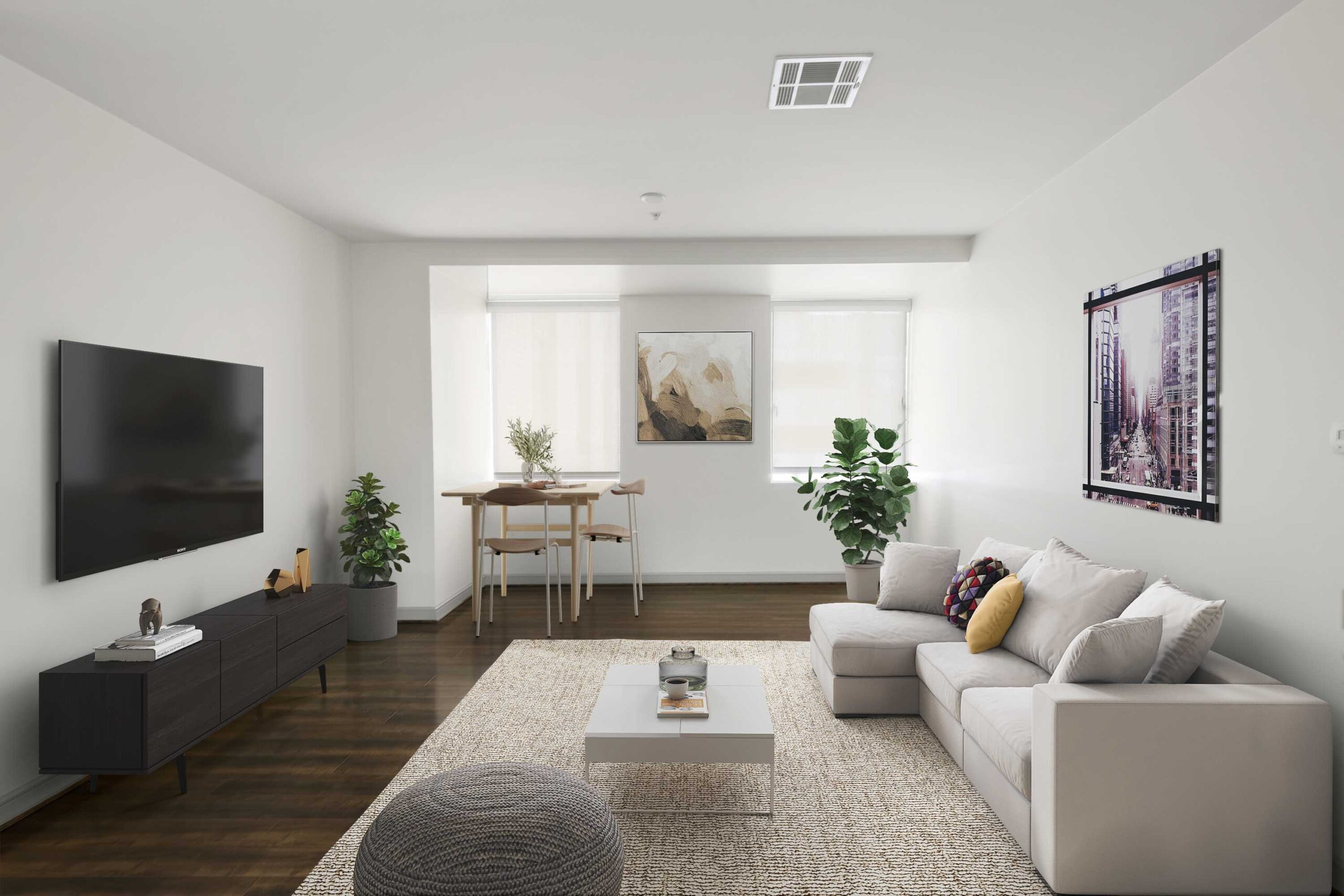 Modern living room and dining space in one of The Continental's apartments in Dallas, Texas