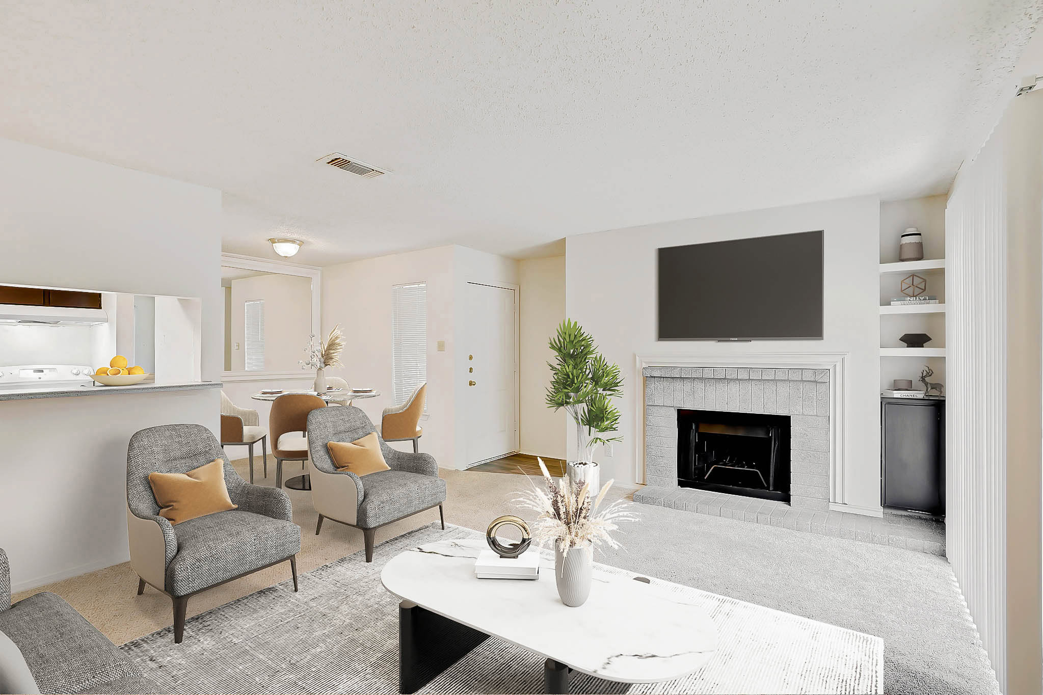 Spacious living room in an apartment in Mckinney Texas featuring a modern fireplace and contemporary staged furniture with a kitchen in the corner