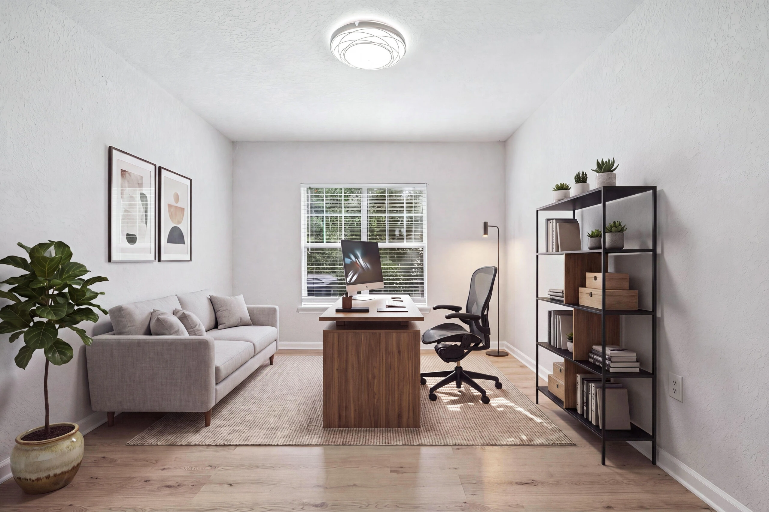 Work from home office space with bright, natural lighting.