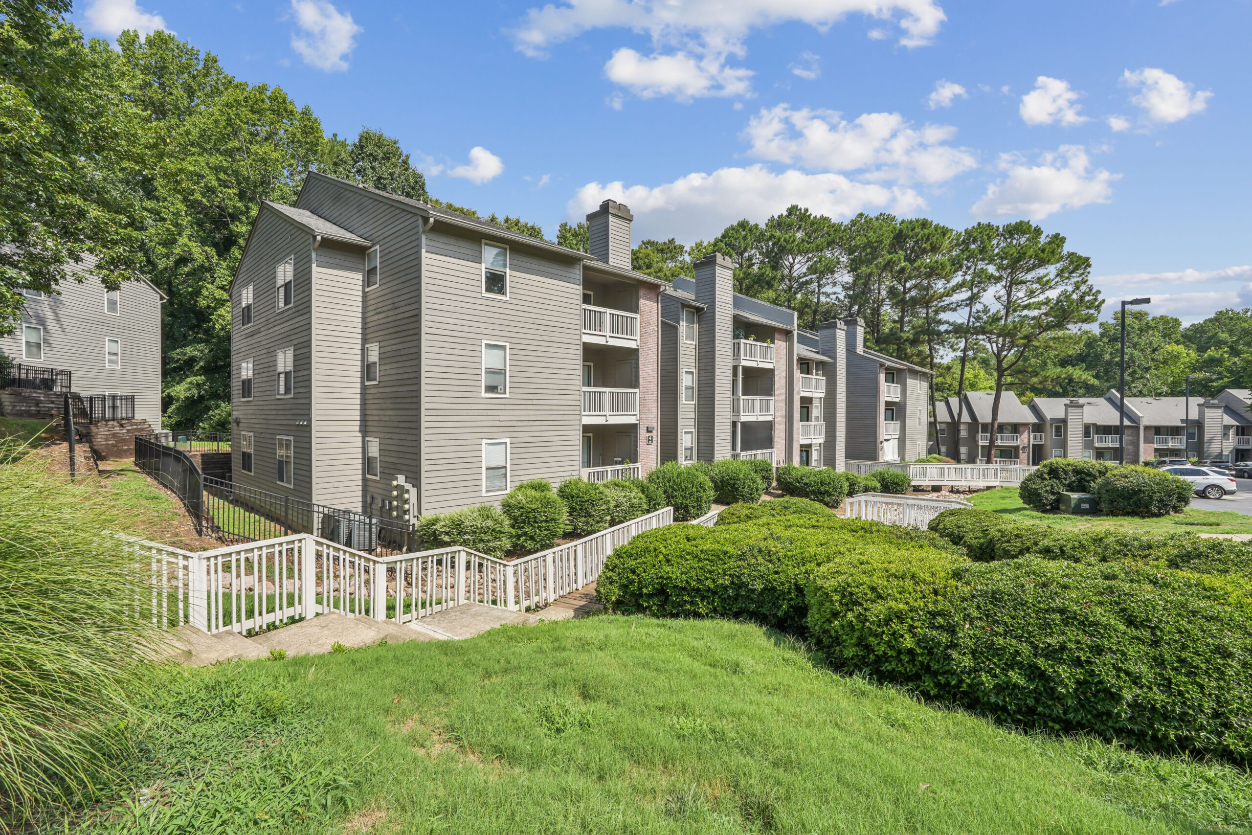 Apartment exteriors at Millbrook apartments in Raleigh, NC.